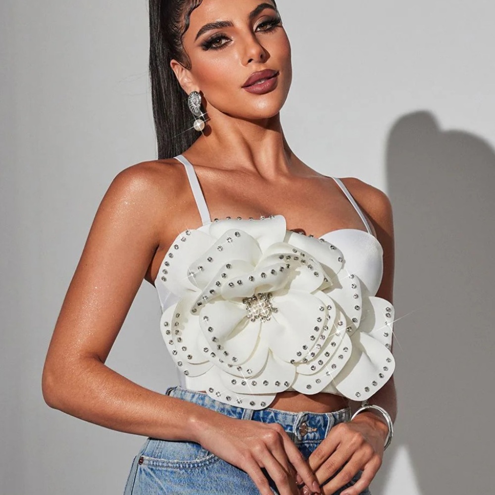 Mew Mews Spaghetti Flower Rhinestone Top